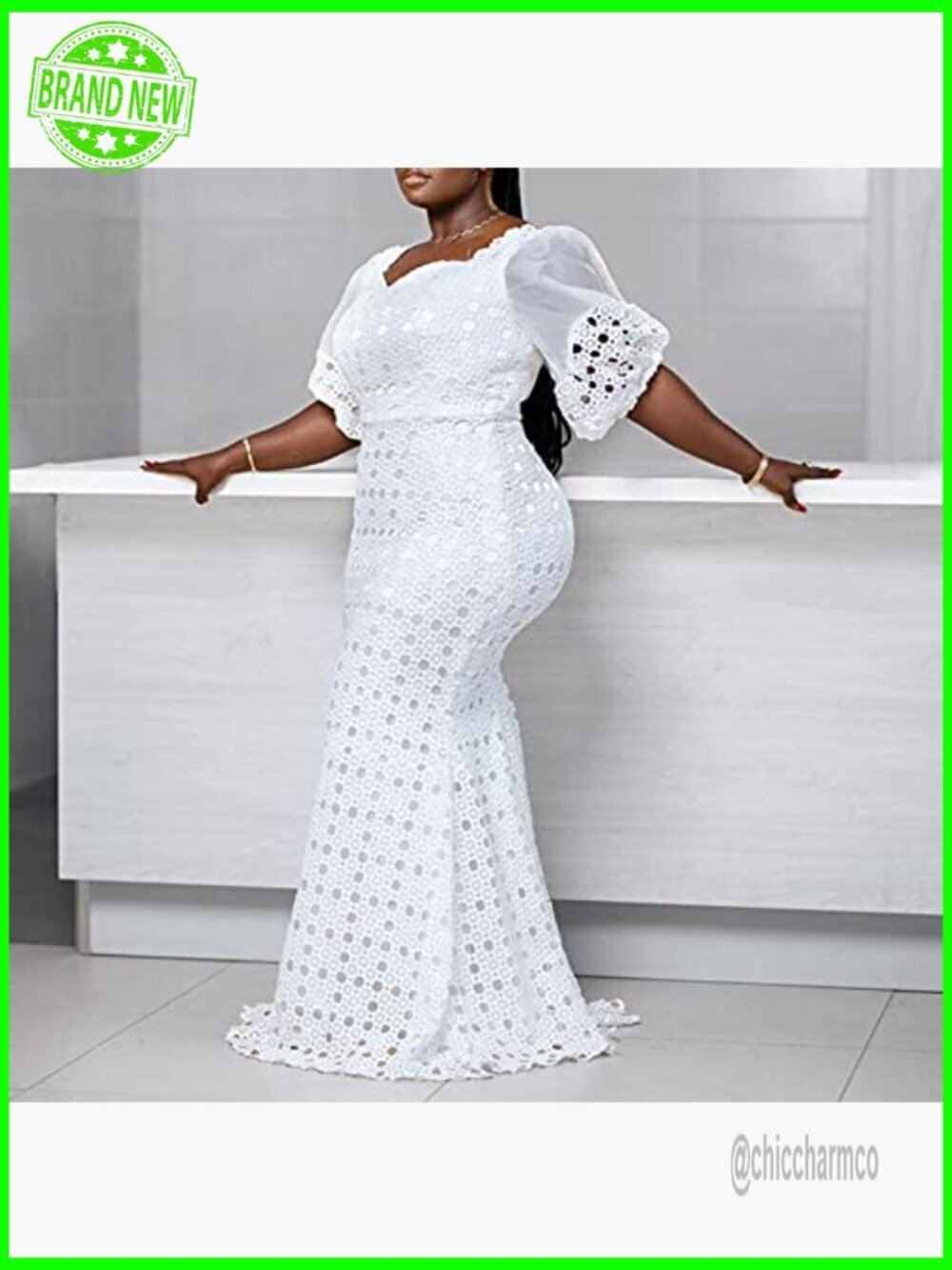 Plus Size Formal Maxi Dress Lantern Sleeve Bodycon Mermaid Gown - Picture 3 of 7